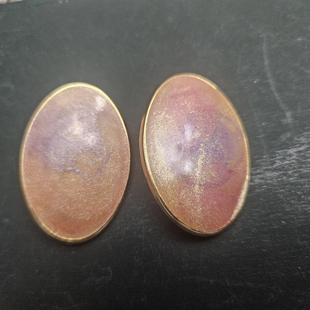Vintage Oval Shaped Colorful Shimmer Resin Clip On Earrings